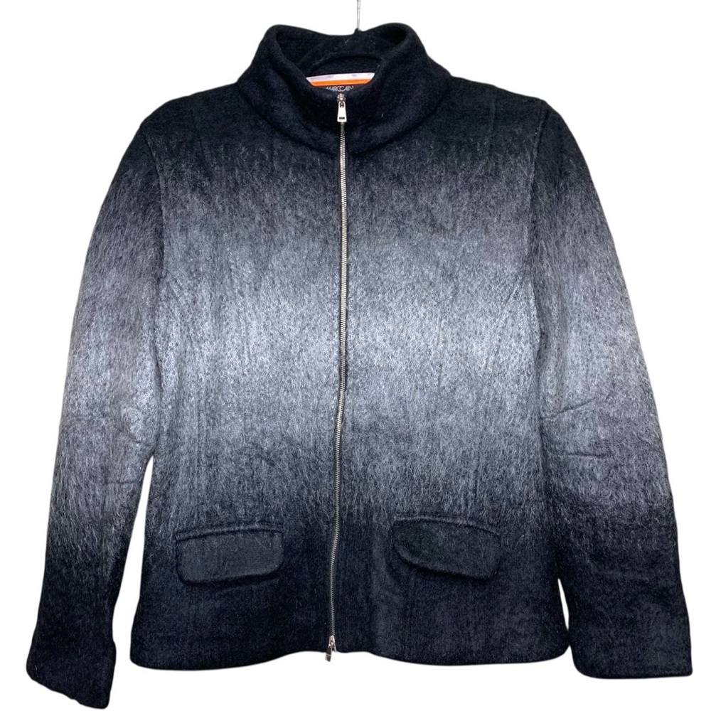 Marc Cain Knit Mohair Wool Cardigan Jacket Black Gray Fuzzy Fur Full Zip Sz 8
